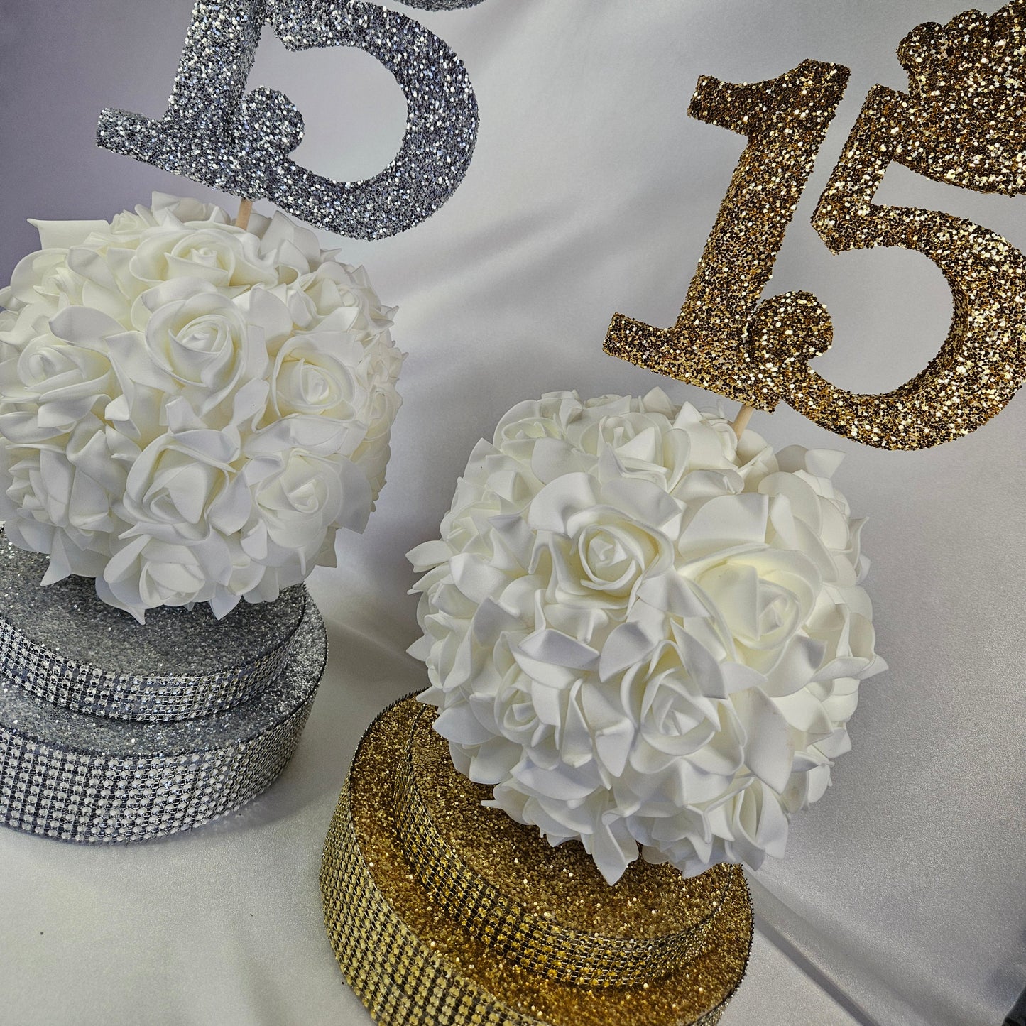 Quinceañera Centerpiece – Foam Base with Rose Ball & Glitter Number