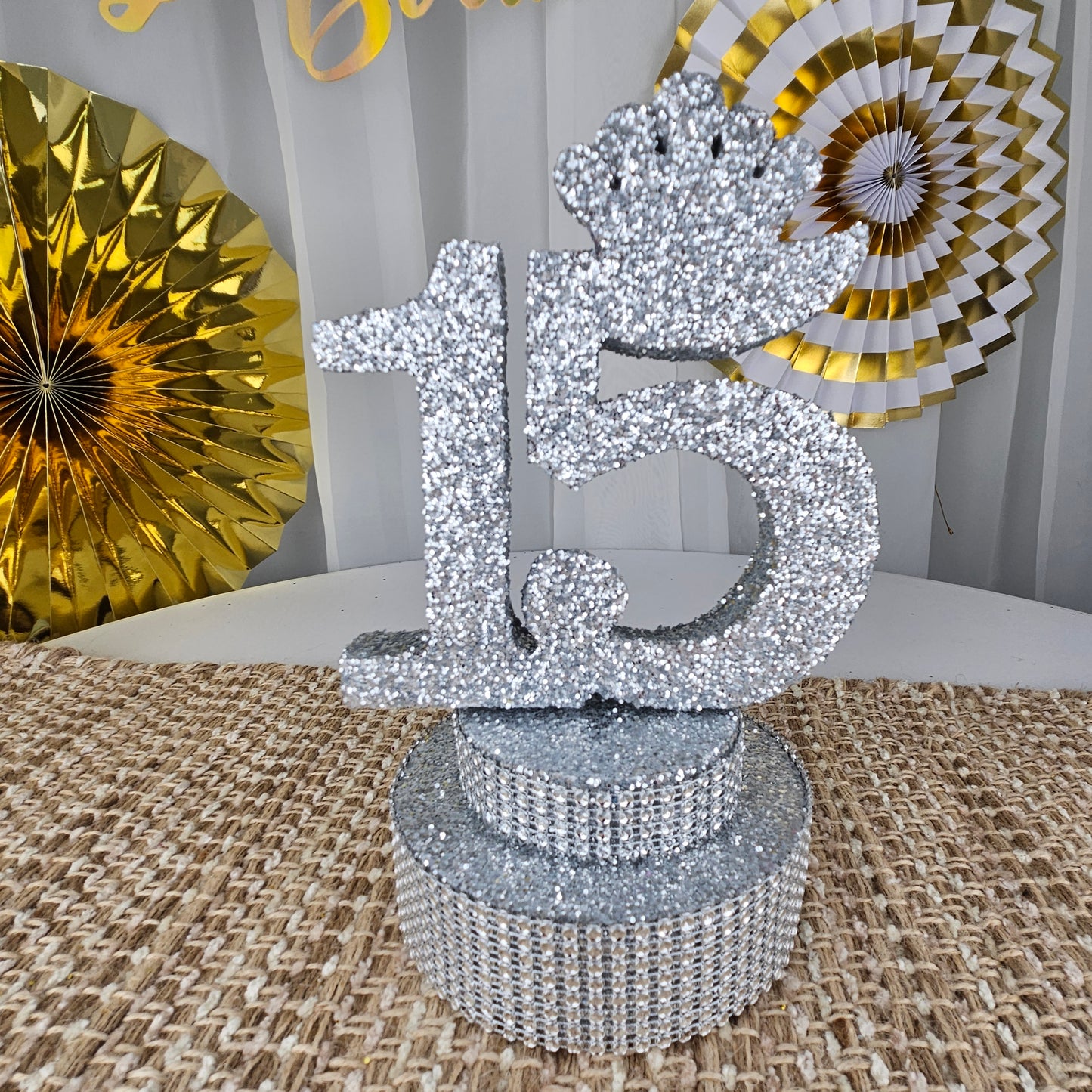Handmade Sweet 15 silver foam centerpiece for table setup