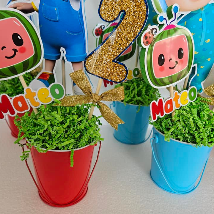 Handmade Cocomelon birthday centerpiece with vibrant colors for kids' party table