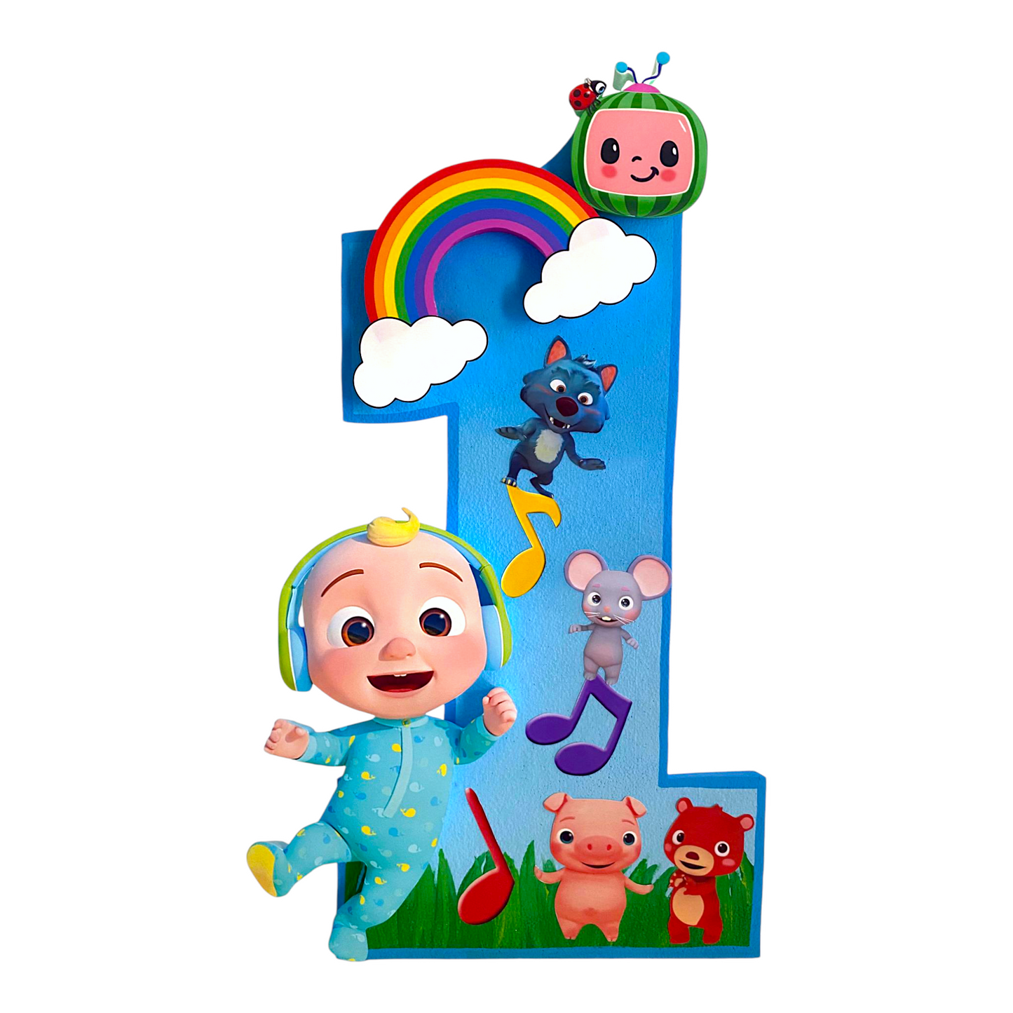 Handmade number one Cocomelon foam decor with JJ, rainbow, musical notes, and cartoon animals for birthday celebration.
