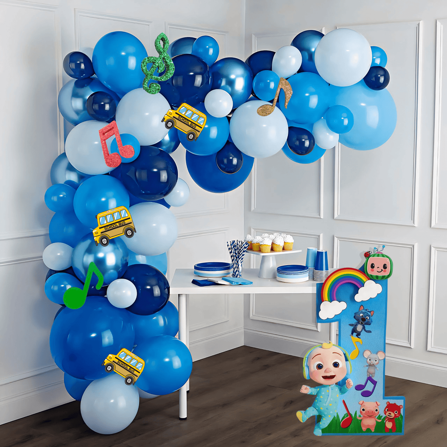 Foam birthday number one with JJ from Cocomelon, rainbow and musical theme, perfect centerpiece or party decoration.