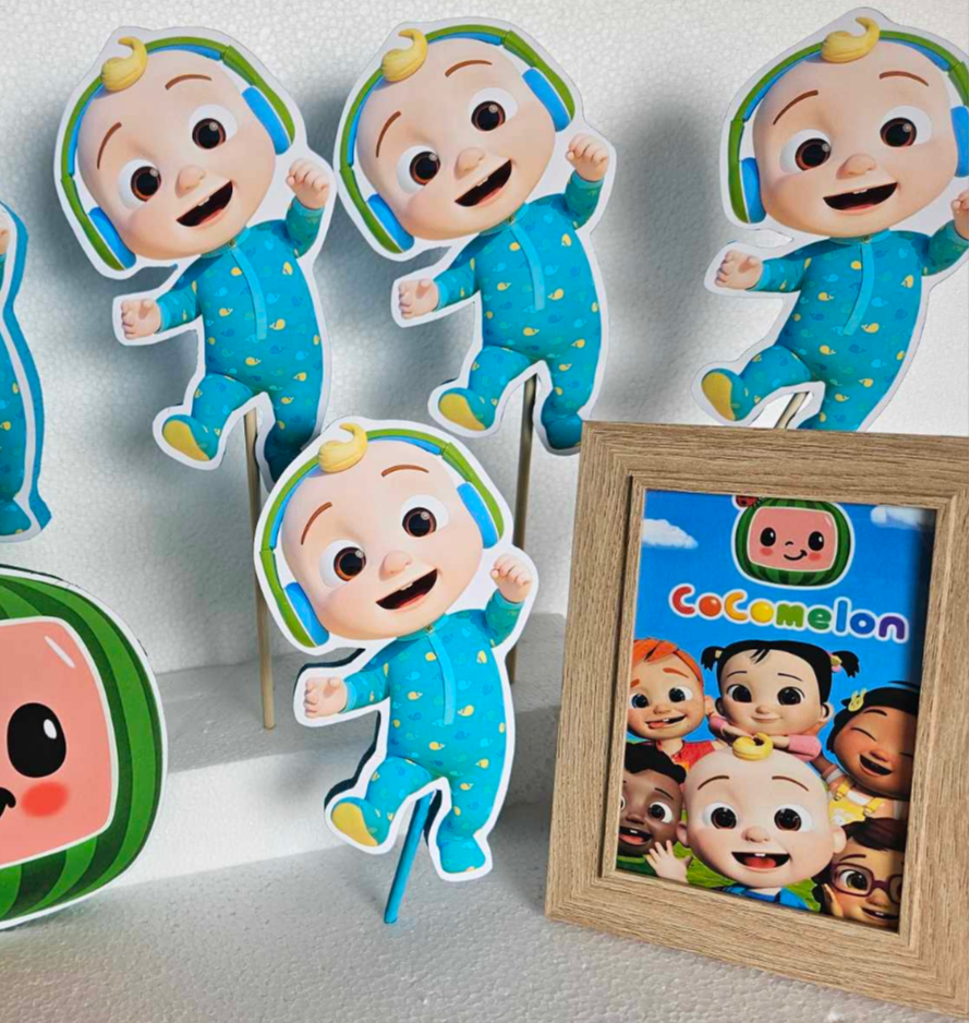 Cocomelon JJ character foam cutout centerpiece for themed birthday celebration