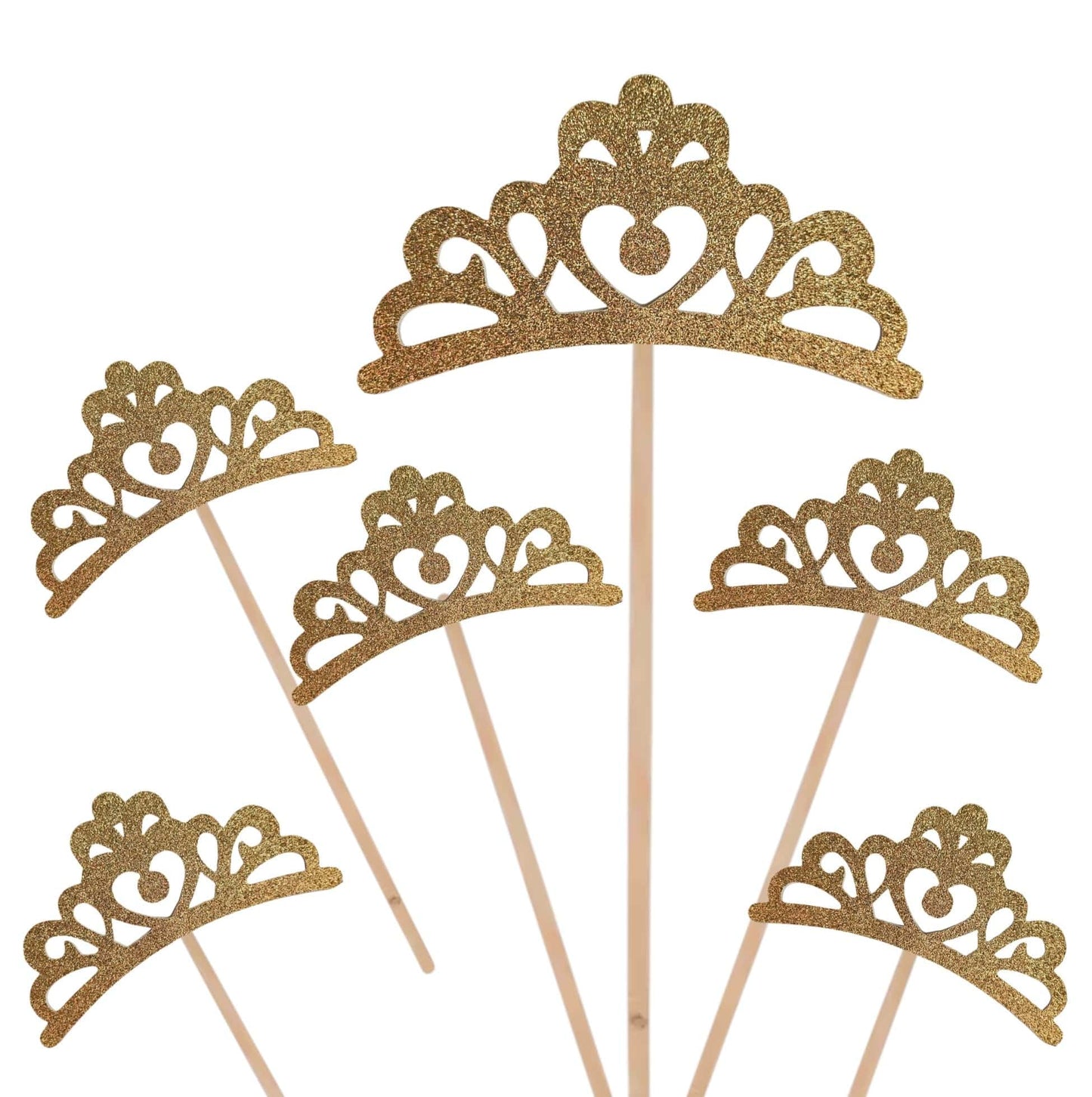 Set of 6 glitter crown with hearts cake toppers