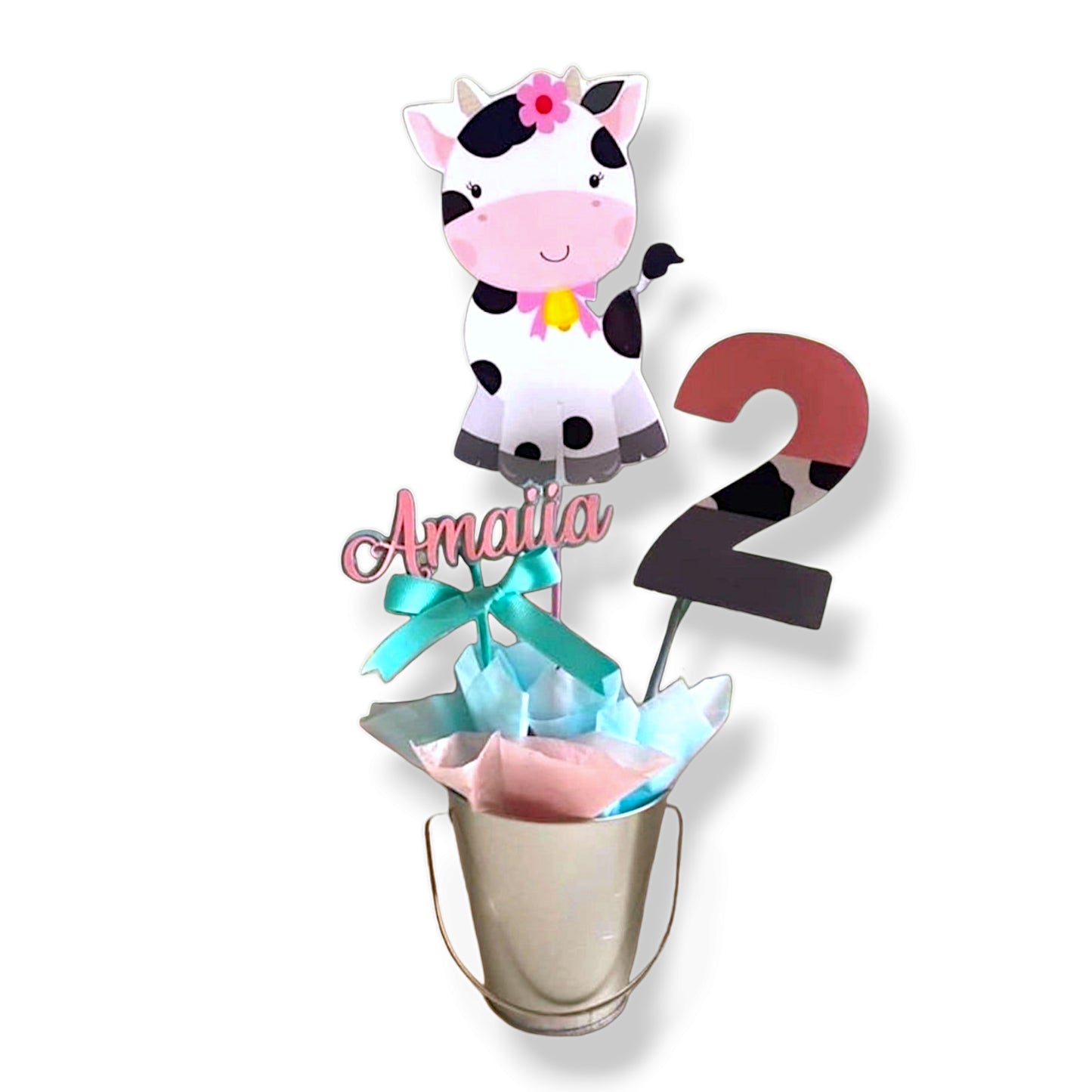 La Vaca Lola farm-themed foam centerpiece with ribbon and round decorated base