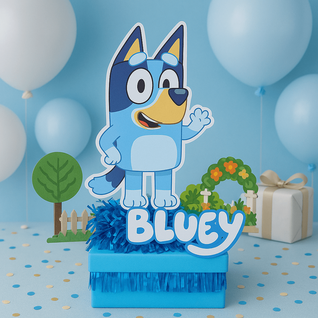 bluey birthday decorations collection with cutouts, centerpieces, and foam party decor in pink and blue