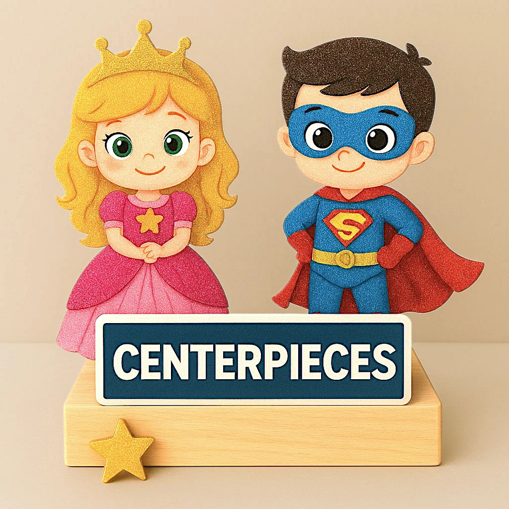 Handmade custom kids birthday party centerpiece decoration for boys and girls with popular themes like animals, cartoons, characters, princess, superhero and more