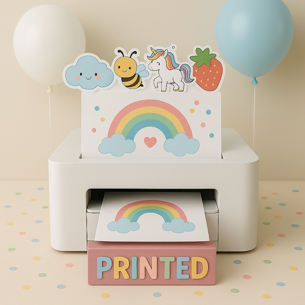 Small printed foam cutout with colorful character design, perfect for party toppers or centerpieces.