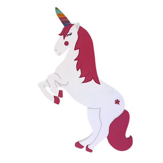 Beautiful handmade painted Unicorn cutout with a colorful rainbow horn, sized 12 to 48 inches. Perfect for magical birthday party decorations.