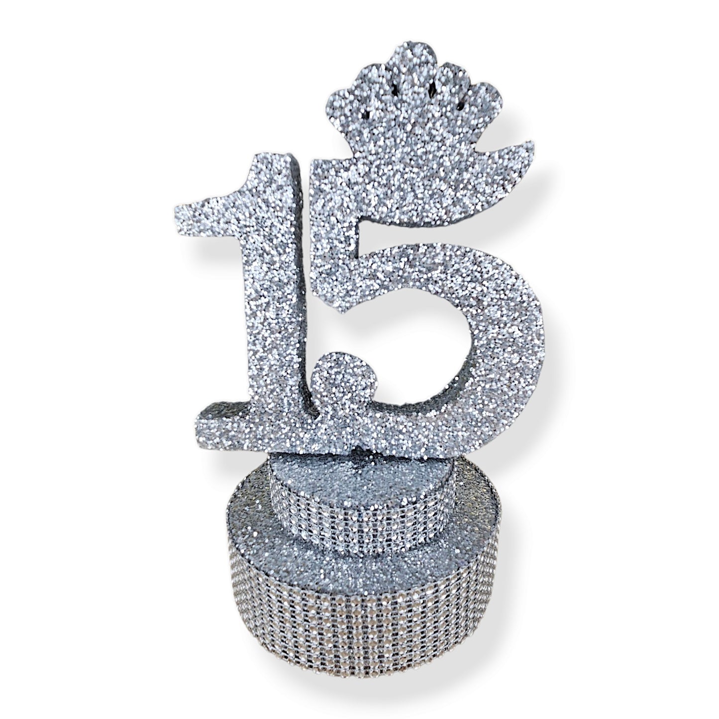 Silver glitter number 15 centerpiece with crown for Sweet 15 birthday party decoration