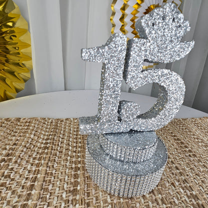 Sweet fifteen silver centerpiece for party table display