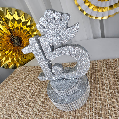 Quinceañera table centerpiece in silver for Sweet 15 theme