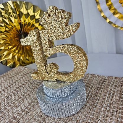 Sweet fifteen birthday centerpiece with glitter accents