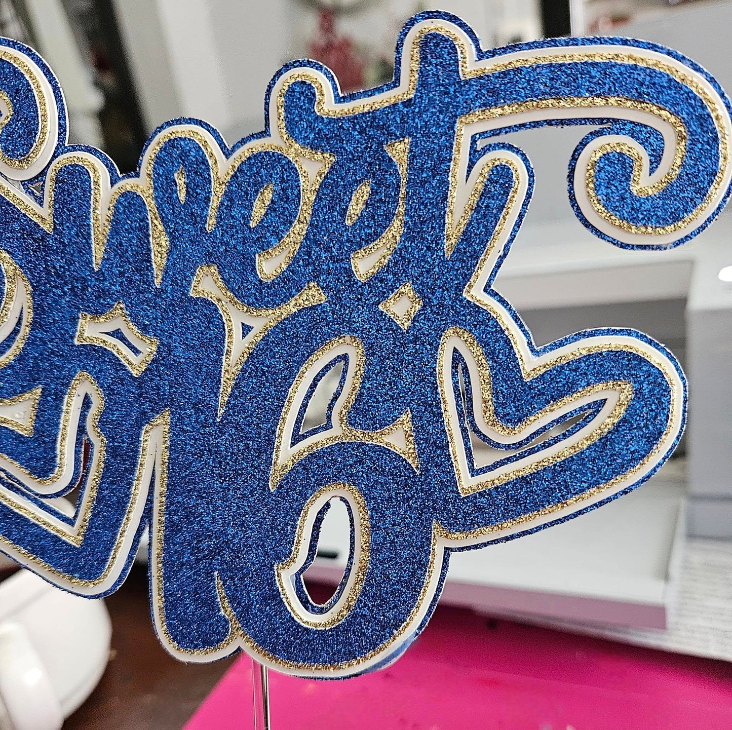 Blue Sweet 16 Cake Topper, w Glitter Layers - Elegant Birthday Table Party Decoration