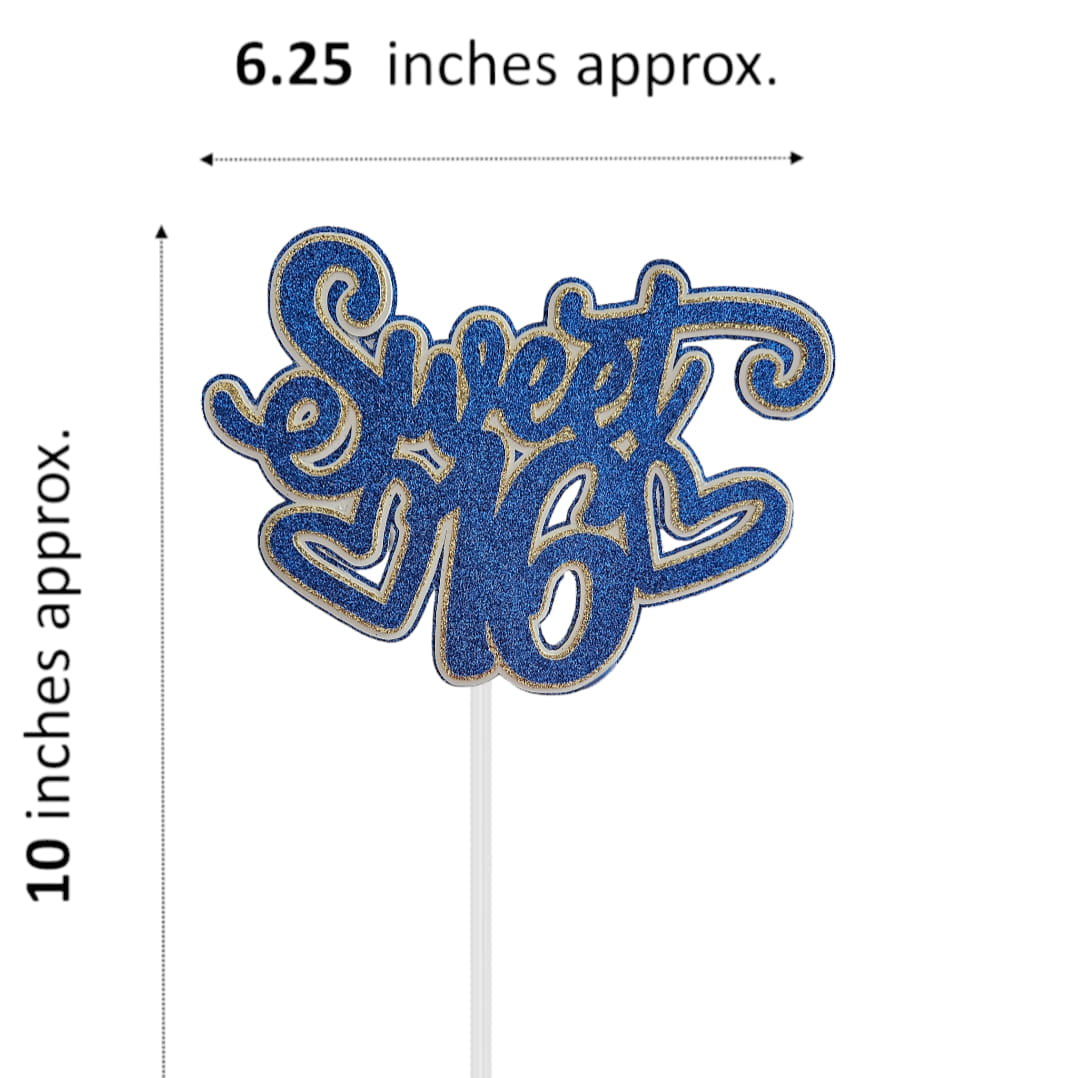 Blue Sweet 16 Cake Topper, w Glitter Layers - Elegant Birthday Table Party Decoration