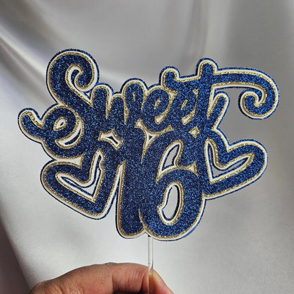 Blue Sweet 16 Cake Topper, w Glitter Layers - Elegant Birthday Table Party Decoration