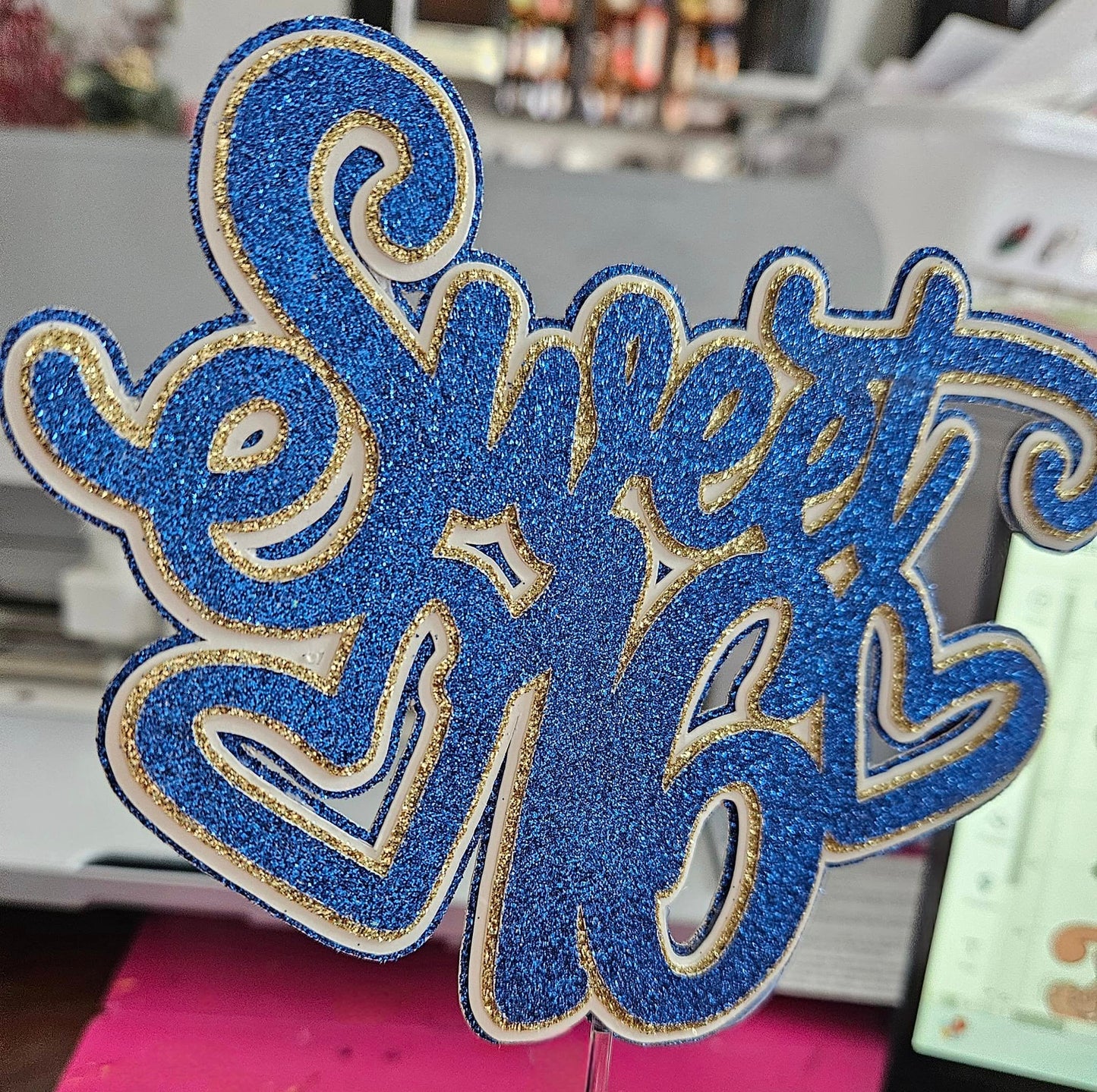 Blue Sweet 16 Cake Topper, w Glitter Layers - Elegant Birthday Table Party Decoration