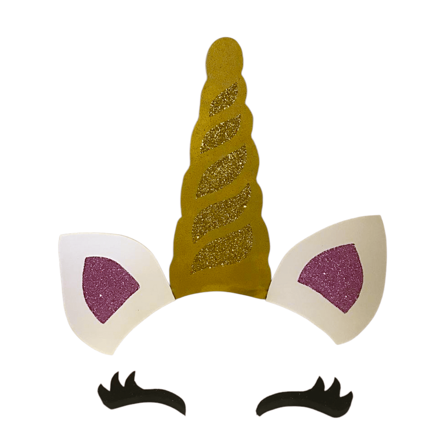 Handmade painted Unicorn horn, ears, and eyelashes cutout, sized 12-48 inches. Perfect for magical birthday party decorations and custom event themes.