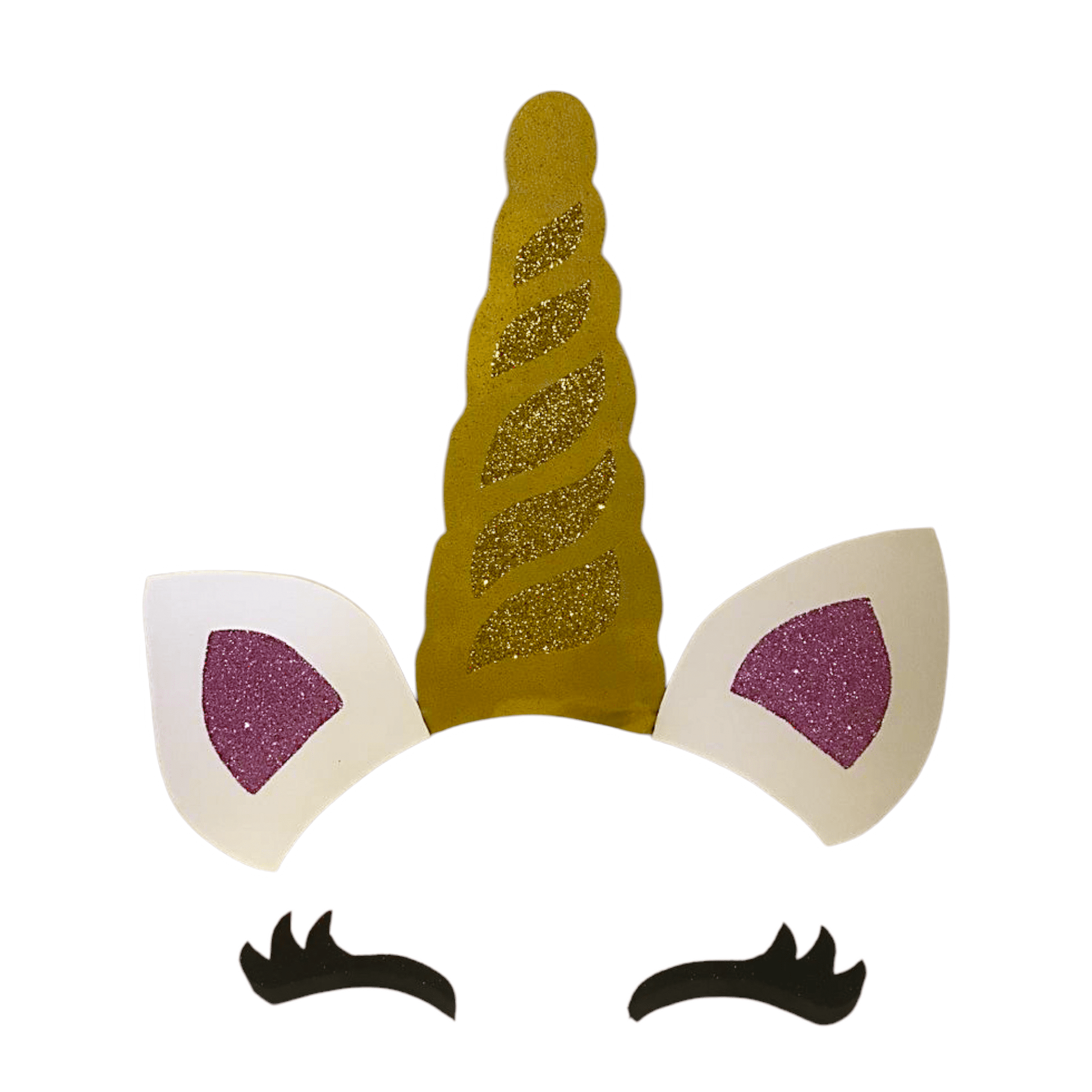 Handmade painted Unicorn horn, ears, and eyelashes cutout, sized 12-48 inches. Perfect for magical birthday party decorations and custom event themes.