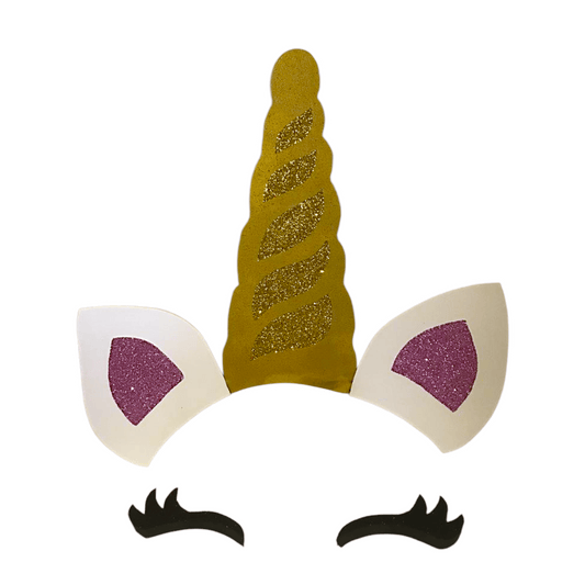 Handmade painted Unicorn horn, ears, and eyelashes cutout, sized 12-48 inches. Perfect for magical birthday party decorations and custom event themes.