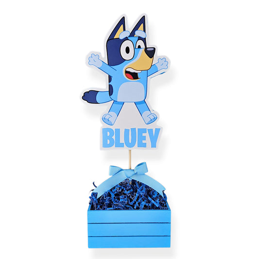 Bluey birthday centerpiece with Bluey and Bingo printed image on foam, blue painted wood base, perfect party table decoration
