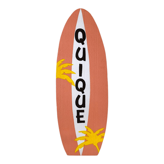 Handmade painted surfboard foam cutout, sized 12-48 inches. Perfect for beach-themed parties and vibrant event decorations.