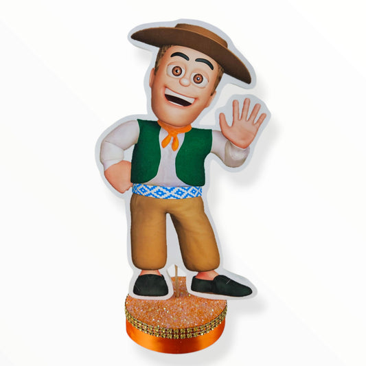 La Granja de Zenón centerpiece with printed character image on glitter foam, green ribbon, and mesh on round base