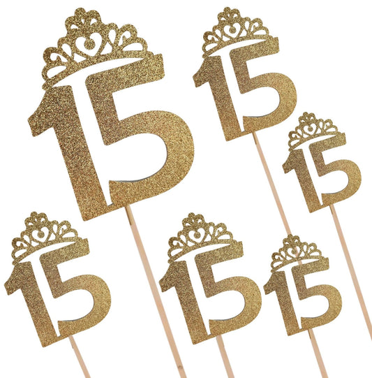 Set of 6 # 15 with Tiara w hearts centerpieces or use it as Cake Toppers with glittery cardstock birthday Party table Decorations