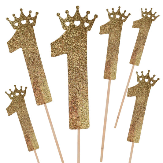 Set of 6 Number 1 Crown Toppers – Glitter Party Decor