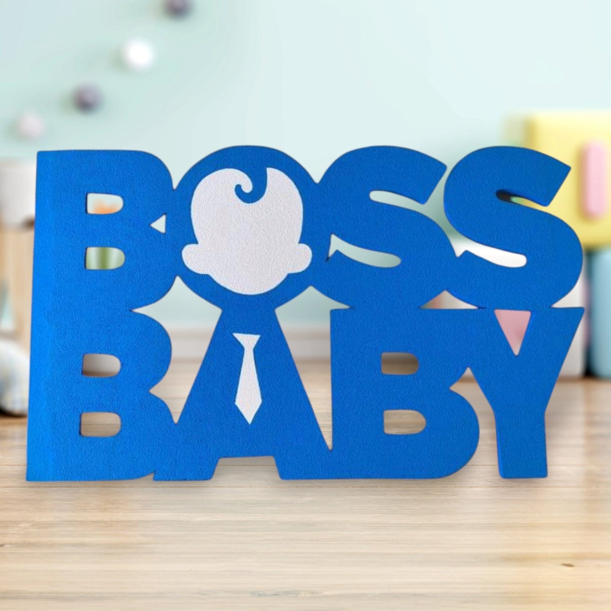 Boss Baby logo cutout made of foam, perfect for birthday party table decor, photo backdrop, or themed celebration centerpiece.