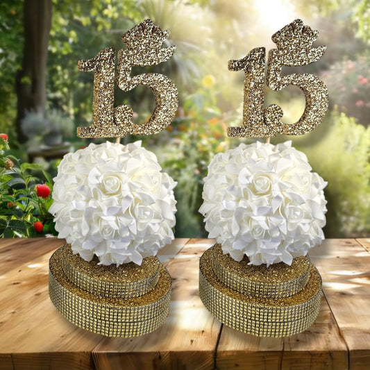 Quinceañera Centerpiece – Foam Base with kissing Ball & Glitter Number
