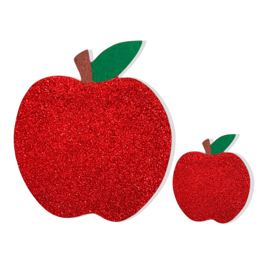 Glitter red apple cutout centerpiece, sparkly fruit-themed party table decoration