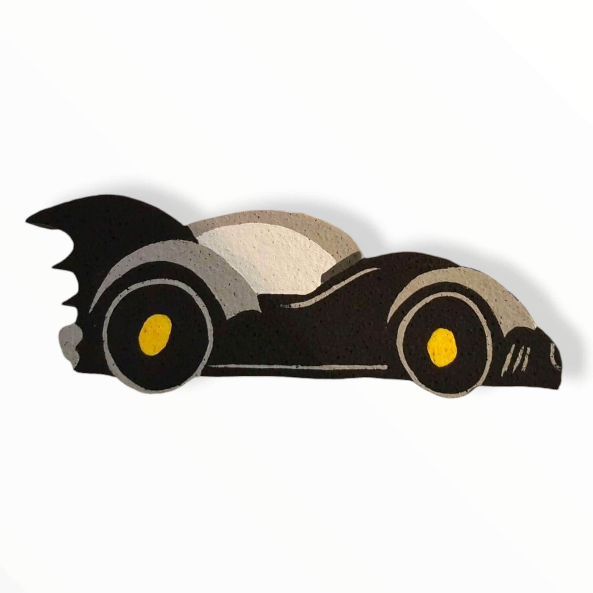 Handmade Batman car foam cutout character, available in sizes 12 to 48 inches, perfect for superhero-themed birthday decorations