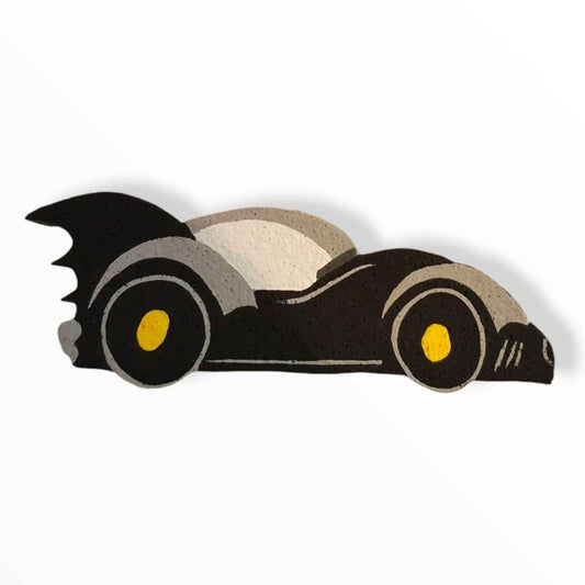 Handmade Batman car foam cutout character, available in sizes 12 to 48 inches, perfect for superhero-themed birthday decorations