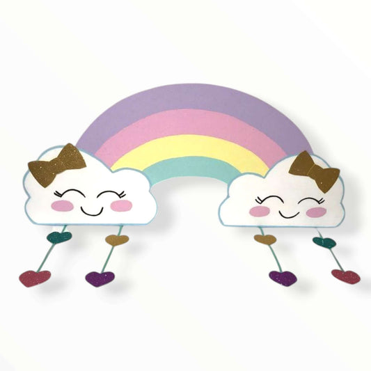 Handmade rainbow with clouds and hearts foam cutout characters, available in sizes 12 to 48 inches, perfect for colorful birthday and party decorations