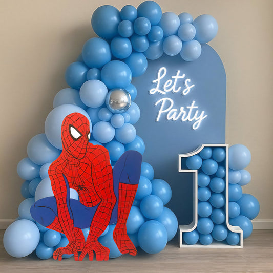 Handmade painted Spiderman foam cutout, sized 12 to 48 inches, perfect for superhero birthday parties and themed decorations.