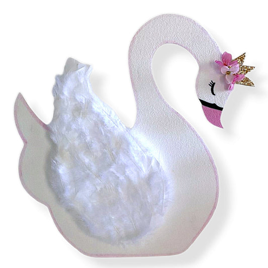 Foam swan cutout with gold crown and soft feathers, elegant centerpiece for princess-themed baby shower or birthday party
