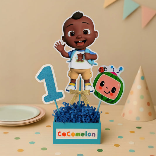 Black JJ Cocomelon centerpiece for kids birthday party setup