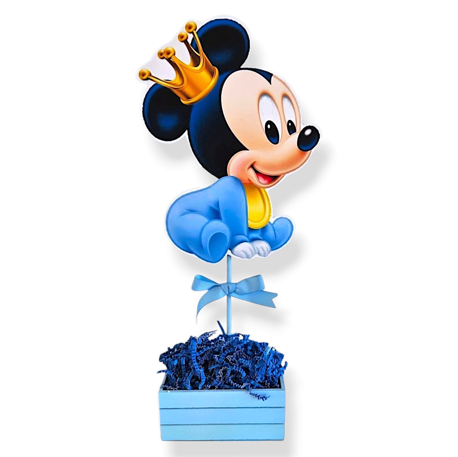 Baby Mickey Prince centerpiece with blue and gold colors on wood base – perfect for birthday or baby shower