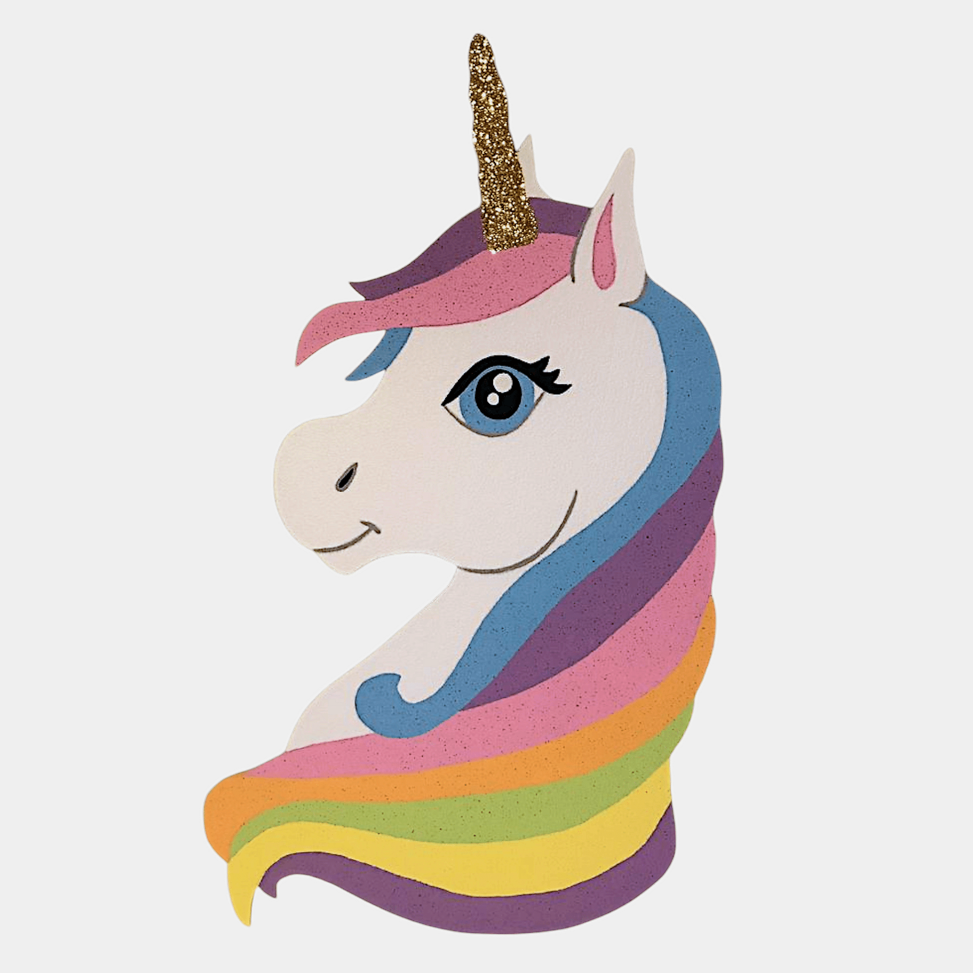Handmade Unicorn Head foam cutout with rainbow colors, perfect for magical birthday party decorations. Lightweight and vibrant centerpiece.