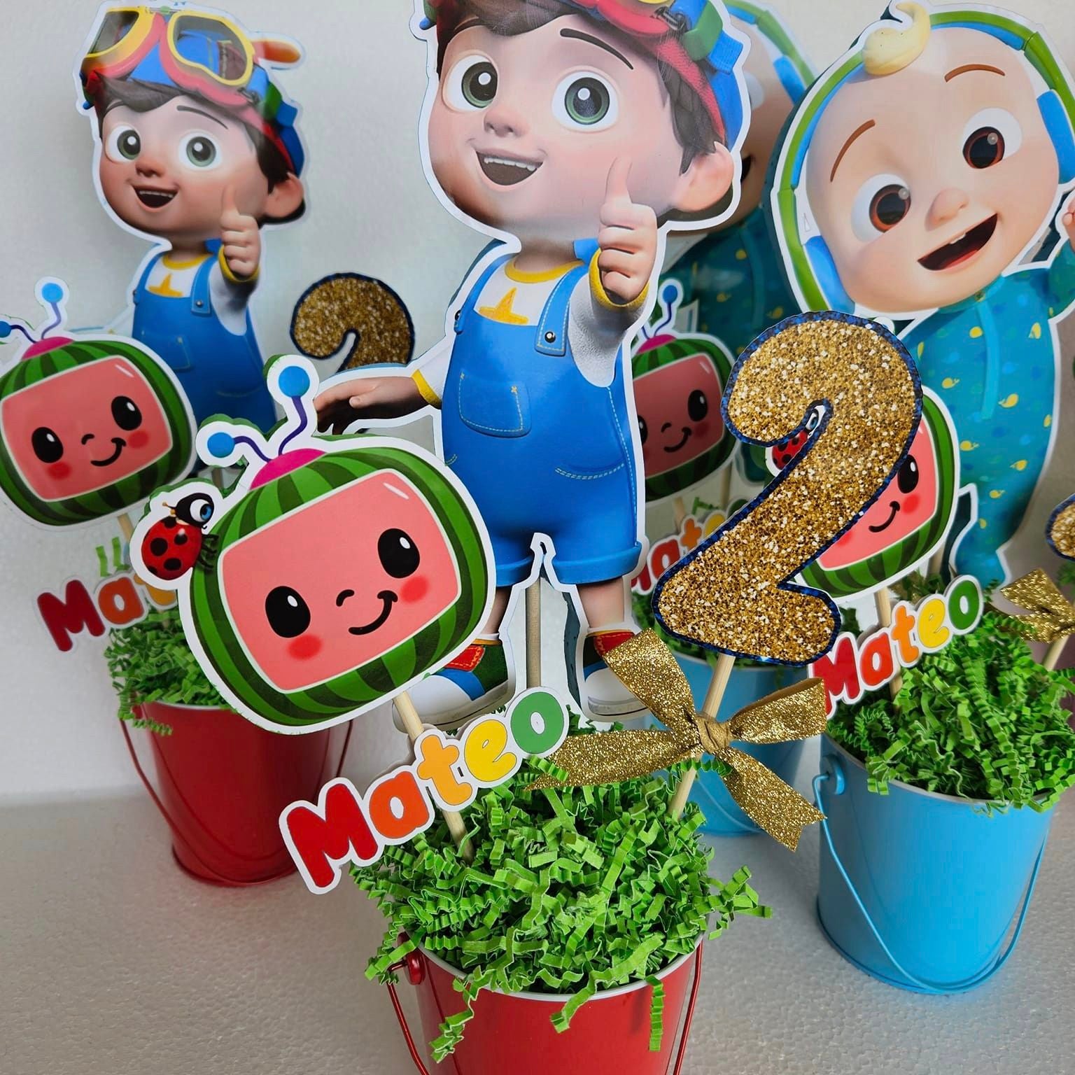 customized decoration Cocomelon logo birthday centerpiece with colorful and personalized name in tin pail