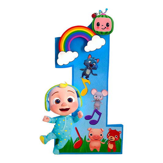 Handmade number one Cocomelon foam decor with JJ, rainbow, musical notes, and cartoon animals for birthday celebration.
