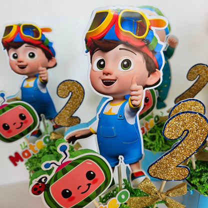 Custom Cocomelon-themed birthday party decoration with handmade Tom Tom centerpiece