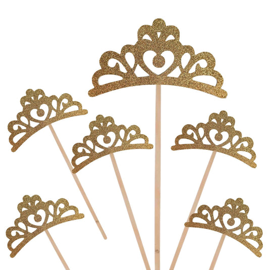 Set of 6 glitter crown with hearts cake toppers