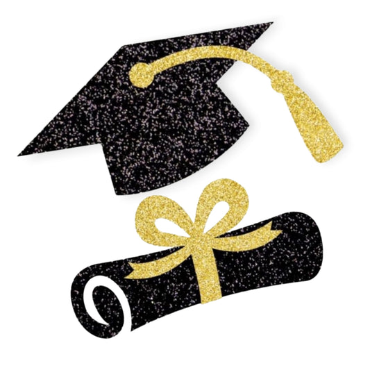 Graduation centerpiece with black hat and gold diploma for celebration tables