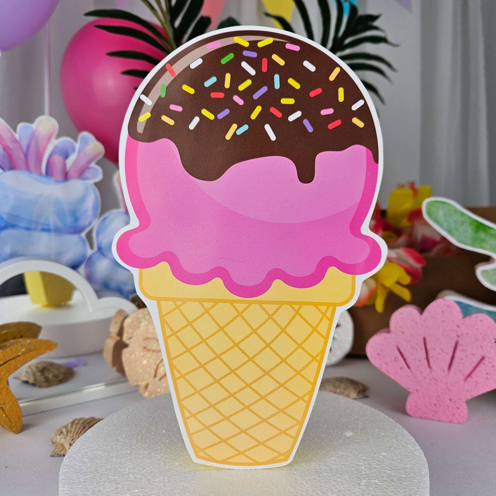 Ice cream cone cutout printed on foam decoration for party theme
Colorful ice cream centerpiece 