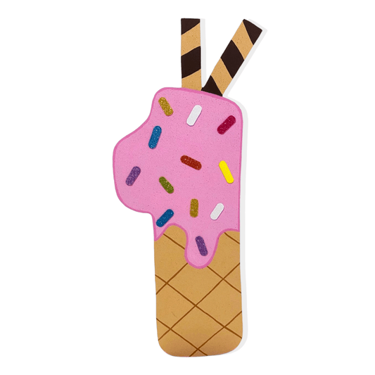 Number one ice cream cone with sprinkles and chocolate syrup, topped with two colorful straws