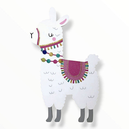 Handmade white llama foam cutout character, available in sizes 12 to 48 inches, perfect for rustic and animal-themed party decorations