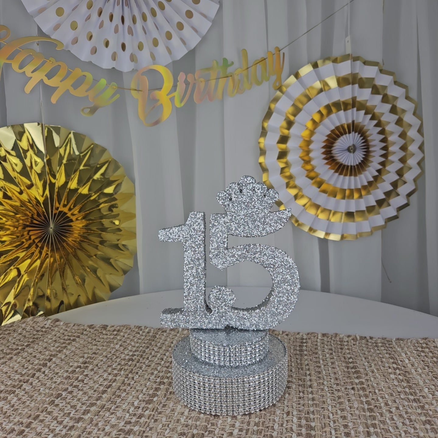 Silver glitter Sweet 15 decoration for birthday celebration