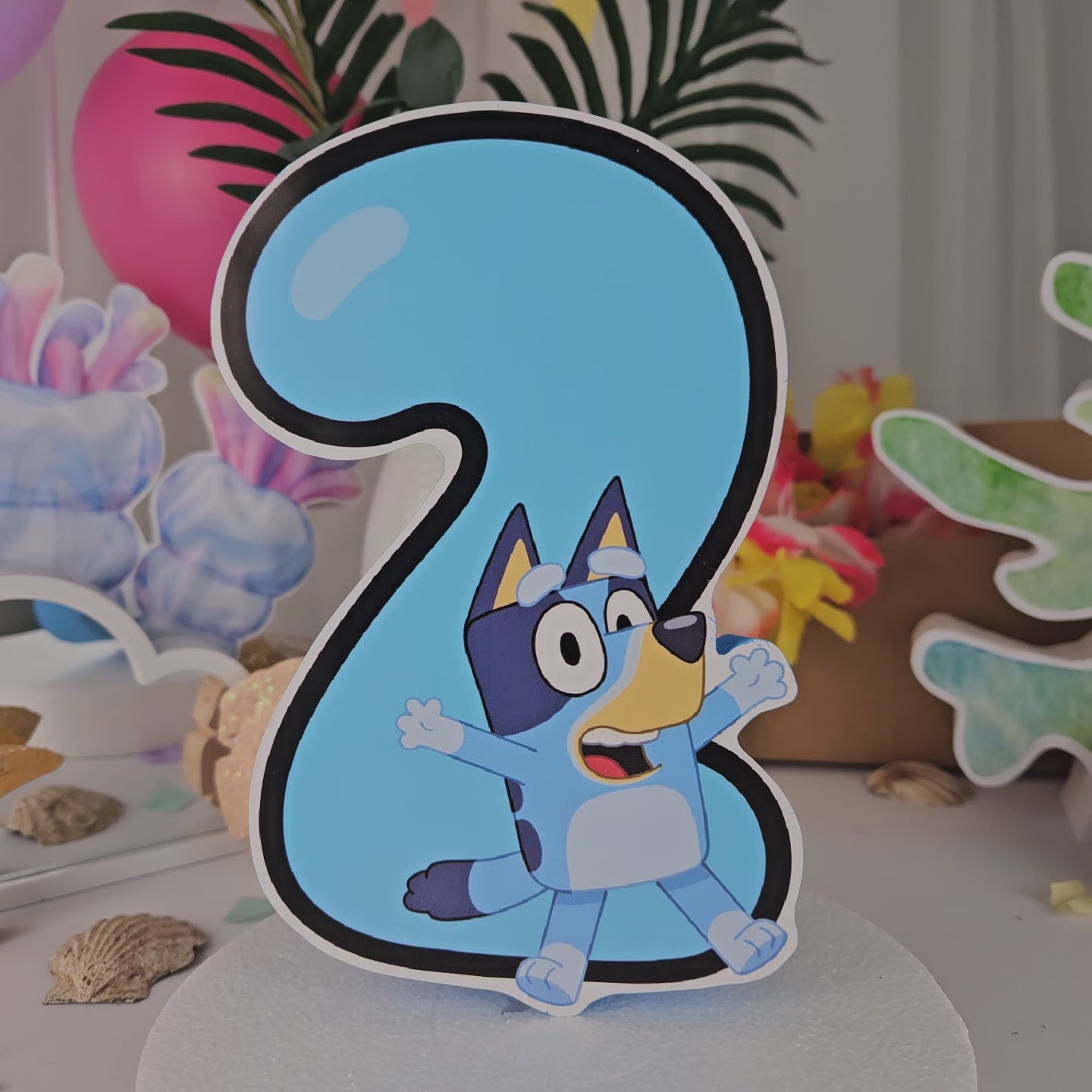 Bluey-themed foam number cutout for kids’ party centerpieces