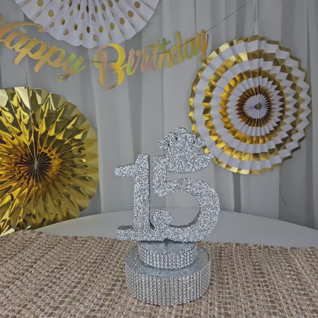 Elegant silver Sweet 15 centerpiece for quince party decor